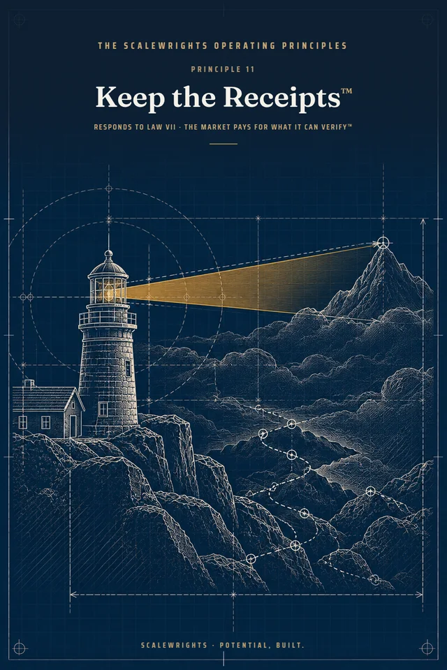 The Scalewrights Operating Principles poster: Principle 11 — Keep the Receipts™ — A claim is a sentence; a receipt is a price. File the two together, before anyone asks.