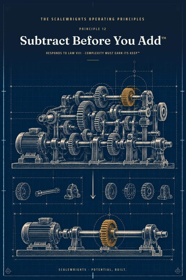 The Scalewrights Operating Principles poster: Principle 12 — Subtract Before You Add™ — Every addition pays a tax; make it earn its place, and take something out when it comes in.