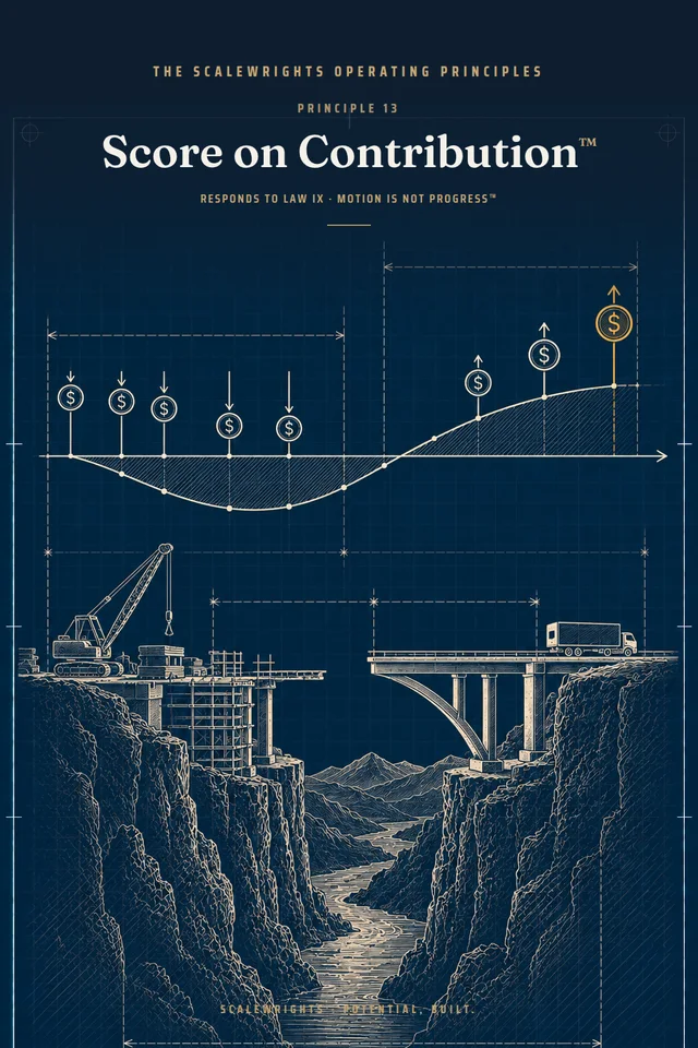 The Scalewrights Operating Principles poster: Principle 13 — Score on Contribution™ — Rank every channel, customer, and SKU by what is left after the sale, not by what was sold.