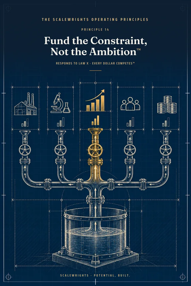 The Scalewrights Operating Principles poster: Principle 14 — Fund the Constraint, Not the Ambition™ — The next dollar goes to whatever is holding everything else back.