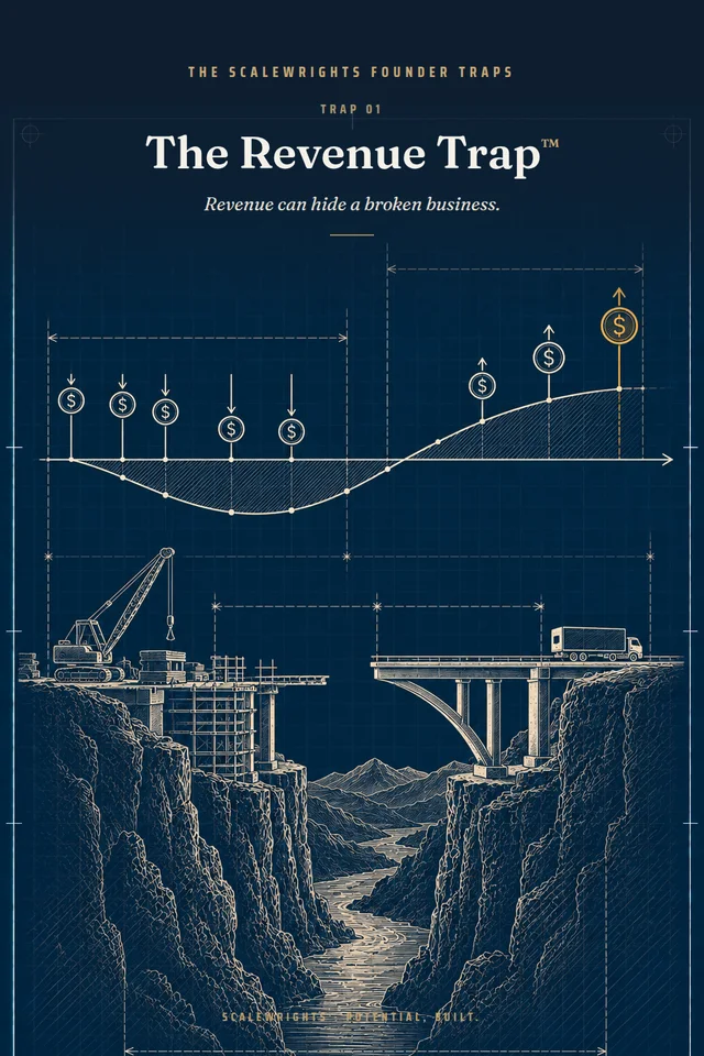 The Scalewrights Founder Traps poster: Trap 01 — The Revenue Trap™ — Revenue can hide a broken business.