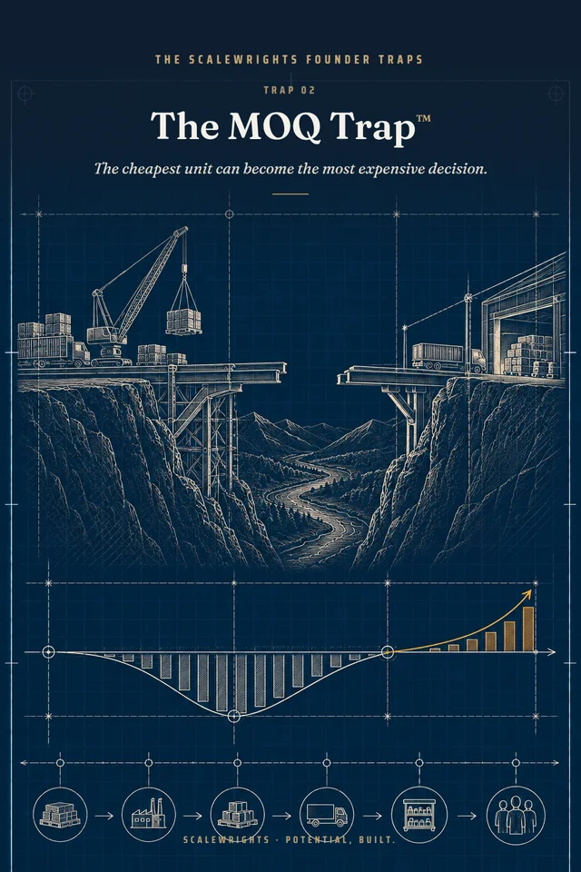 The Scalewrights Founder Traps poster: Trap 02 — The MOQ Trap™ — The cheapest unit can become the most expensive decision.