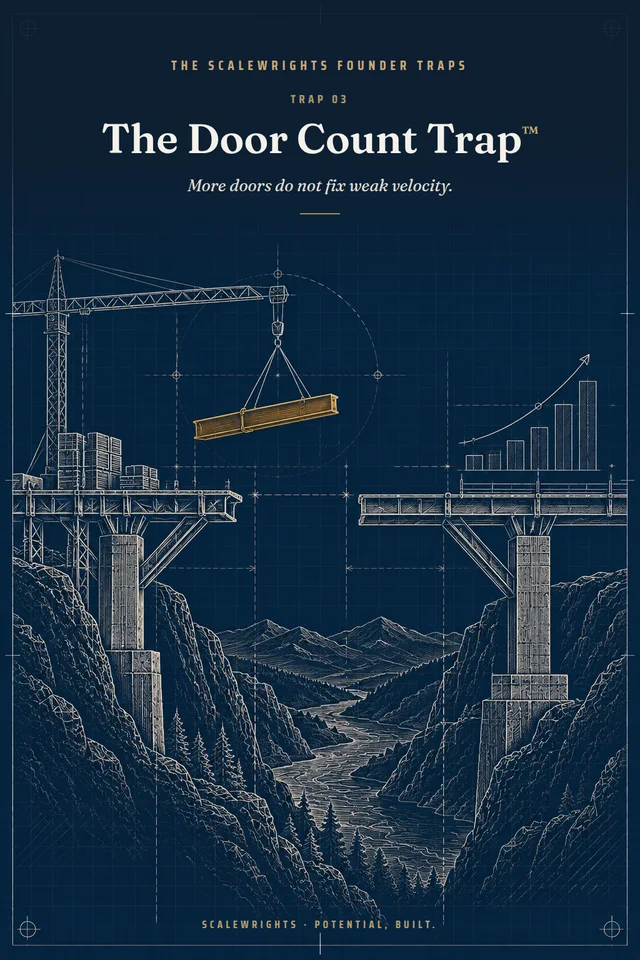 The Scalewrights Founder Traps poster: Trap 03 — The Door Count Trap™ — More doors do not fix weak velocity.