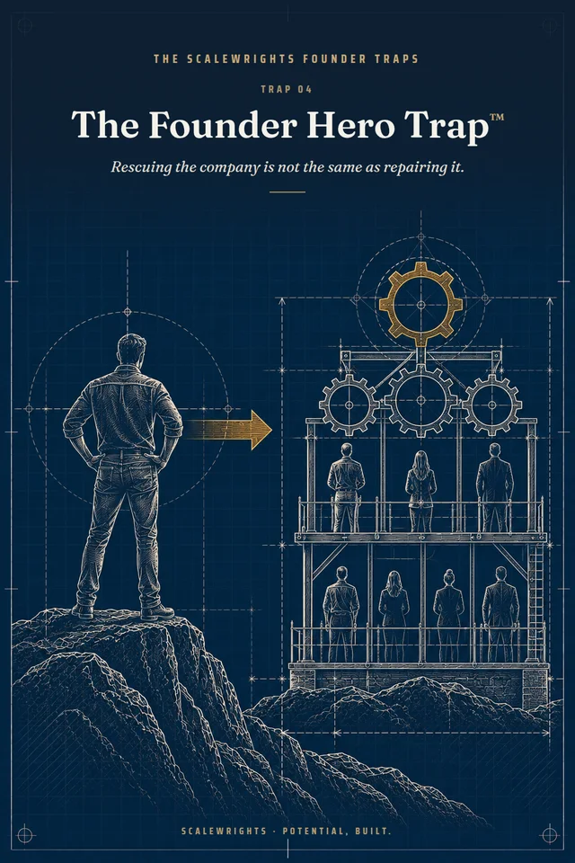 The Scalewrights Founder Traps poster: Trap 04 — The Founder Hero Trap™ — Rescuing the company is not the same as repairing it.