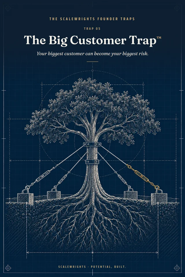 The Scalewrights Founder Traps poster: Trap 05 — The Big Customer Trap™ — Your biggest customer can become your biggest risk.