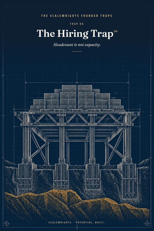 The Scalewrights Founder Traps poster: Trap 06 — The Hiring Trap™ — Headcount is not capacity.