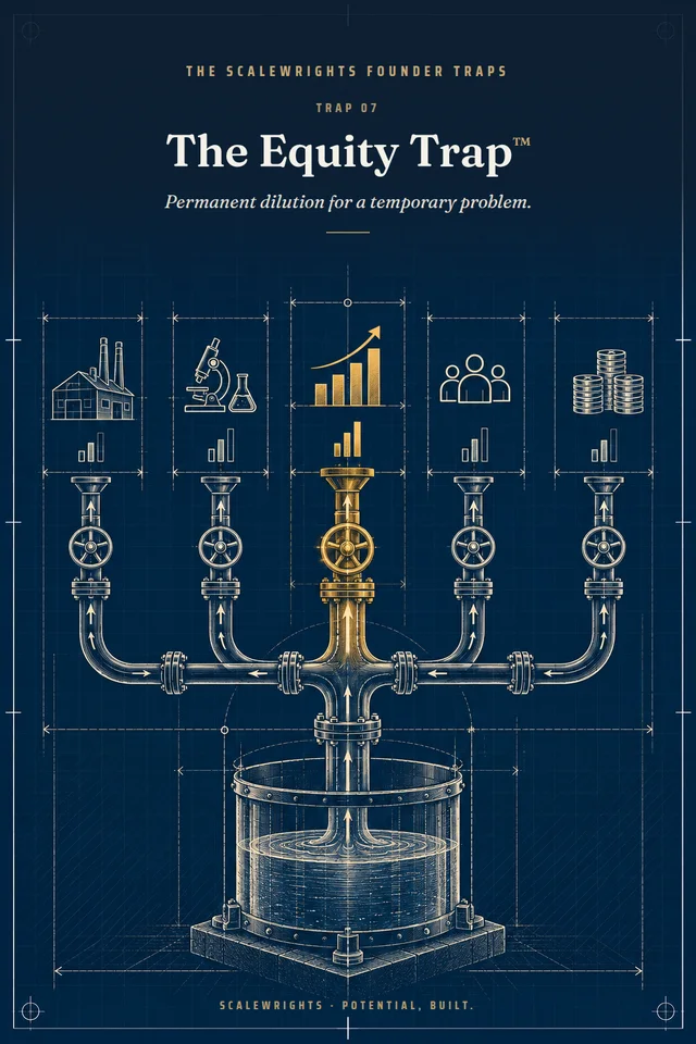 The Scalewrights Founder Traps poster: Trap 07 — The Equity Trap™ — Permanent dilution for a temporary problem.