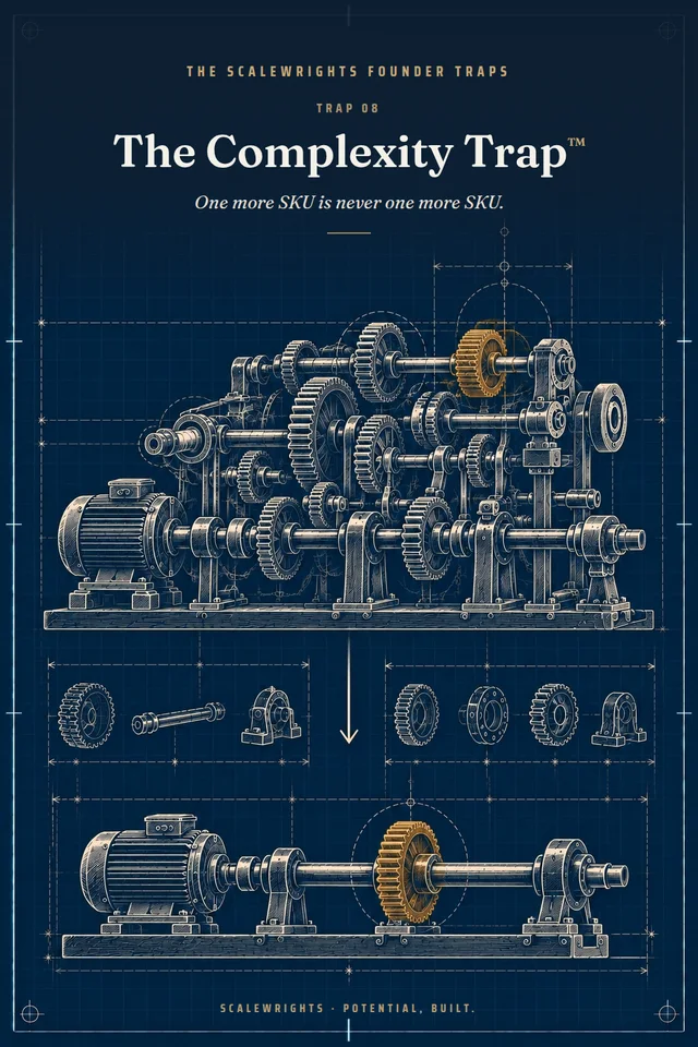 The Scalewrights Founder Traps poster: Trap 08 — The Complexity Trap™ — One more SKU is never one more SKU.
