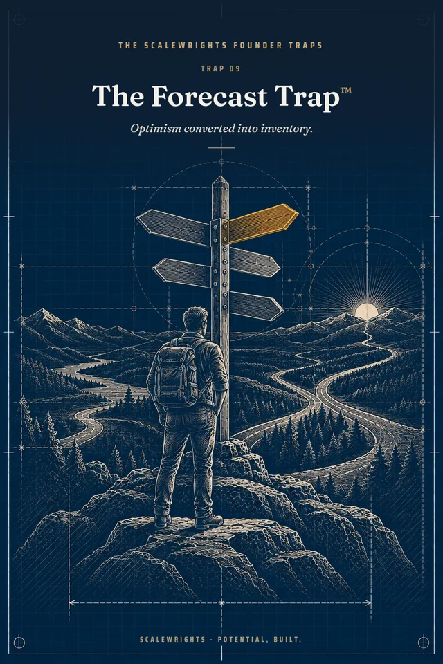 The Scalewrights Founder Traps poster: Trap 09 — The Forecast Trap™ — Optimism converted into inventory.