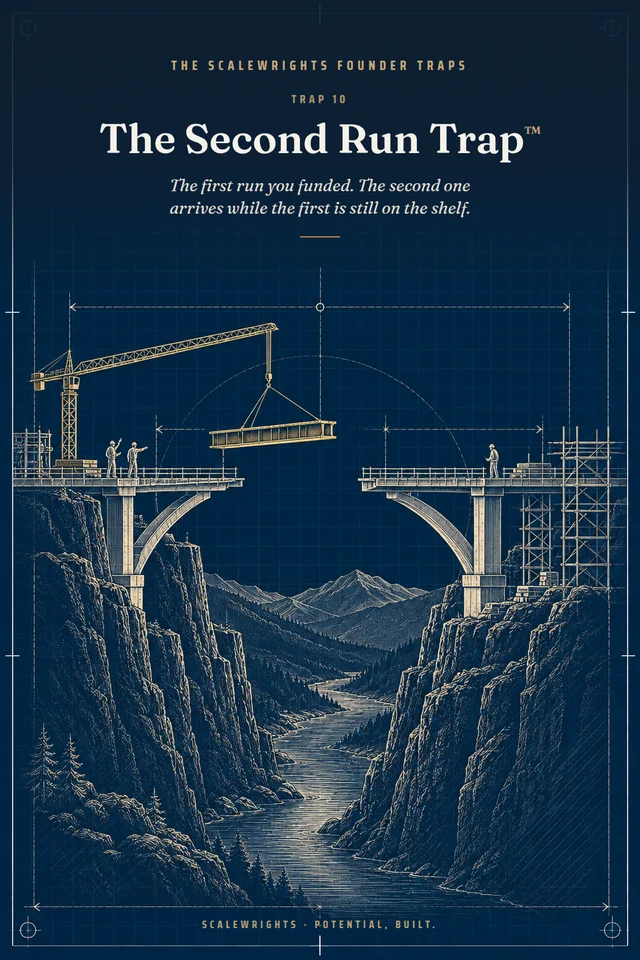The Scalewrights Founder Traps poster: Trap 10 — The Second Run Trap™ — The first run you funded. The second one arrives while the first is still on the shelf.
