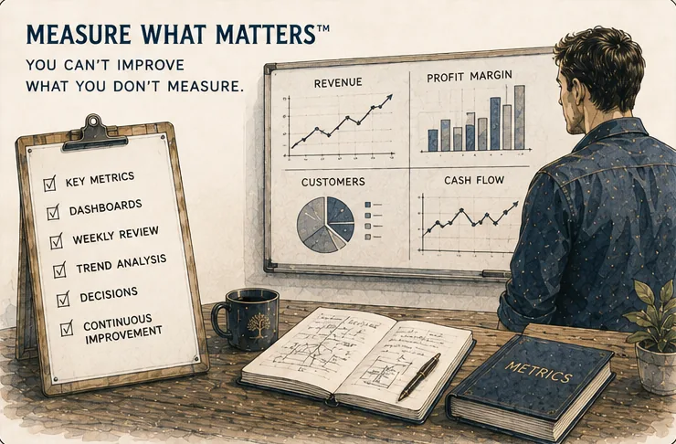 Illustration: a founder reading a dashboard of revenue, profit margin, customers and cash flow — you can’t improve what you don’t measure.