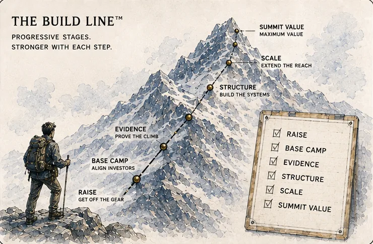 Illustration: the Build Line — progressive stages from the company you run to the company you’re worth, with camps and gates along the climb.