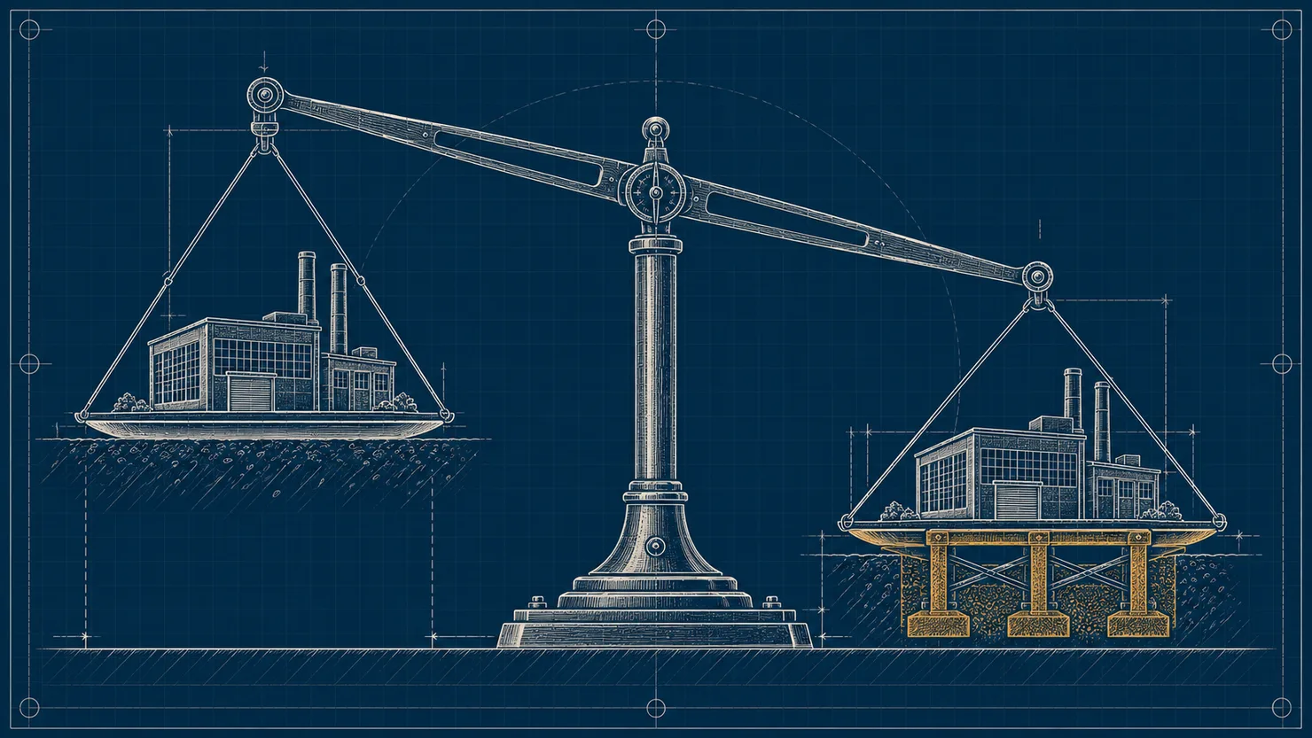 Illustration: a balance scale with two identical factories; the one standing on a foundation weighs more.