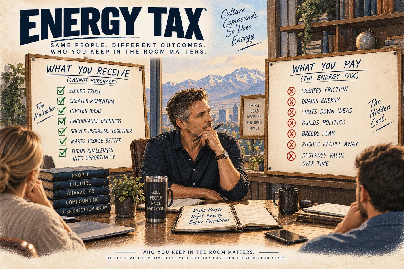 Illustration: a leader at a boardroom table between two boards — “What you receive (cannot purchase)”, listing builds trust, creates momentum, invites ideas, makes people better; and “What you pay (the energy tax)”, listing friction, politics, fear, and value destroyed over time. Who you keep in the room matters.