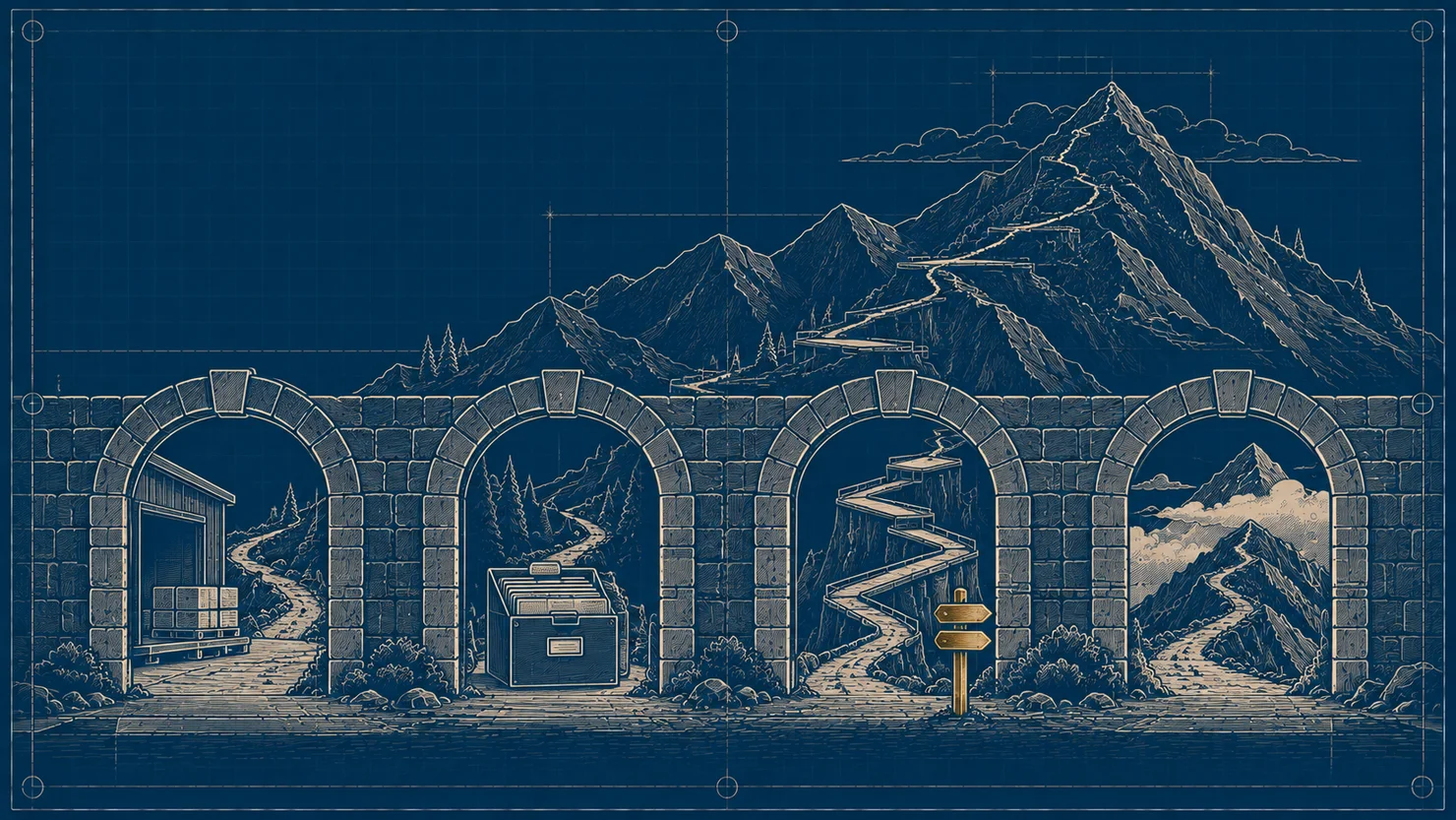 Illustration: four stone doorways at the foot of a mountain — a loading dock through the first, a file box through the second, the switchback route through the third, the summit above the cloud line through the fourth — with the same mountain rising behind all four.