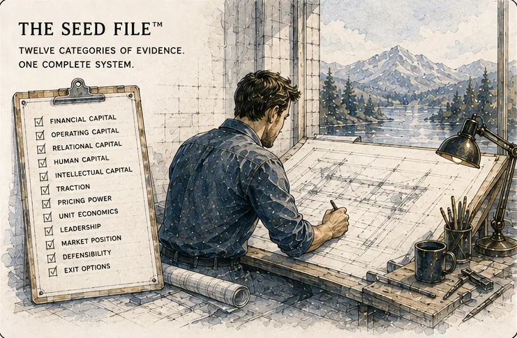 Illustration: a founder at a drafting table beside a clipboard listing the twelve categories of evidence in the Seed File.