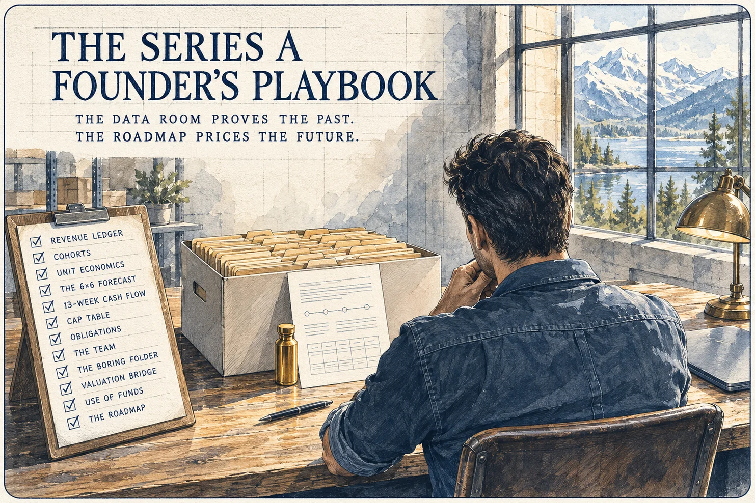 Illustration: a founder at a warehouse table before a mountain-lake window — an archive box of folders, a one-page roadmap propped against it, a small gold shot bottle, and a clipboard checklist of the twelve pages: revenue ledger, cohorts, unit economics, the 6×6 forecast, 13-week cash flow, cap table, obligations, the team, the boring folder, valuation bridge, use of funds, the roadmap.