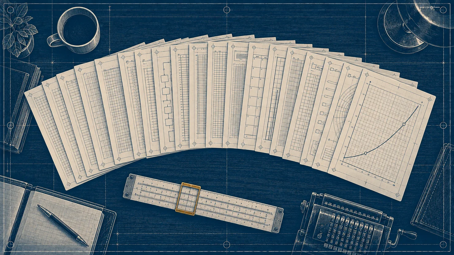 Illustration: twenty ruled drafting sheets fanned across a table beside a slide rule and a mechanical calculator.